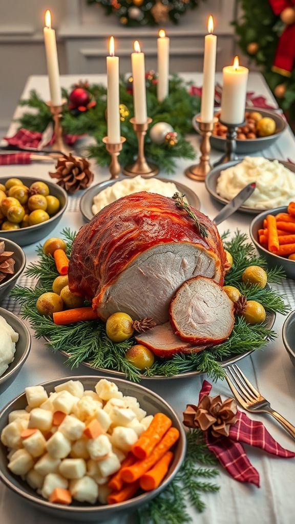 A festive Christmas dinner table with glazed ham and colorful side dishes.